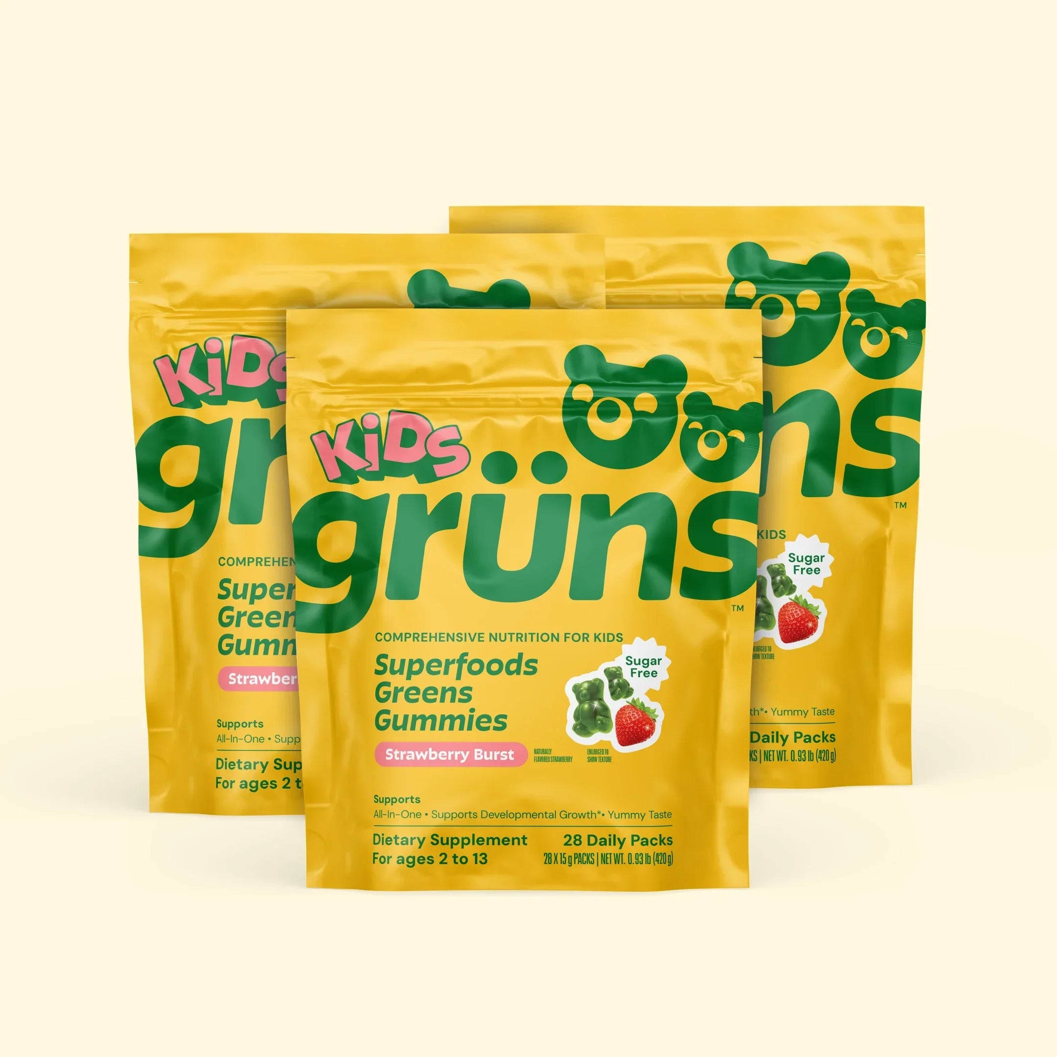 Grüns Kids Sugar-Free Quarterly Superfoods Greens Gummies, gummy bears, Strawberry Burst, pouch front view